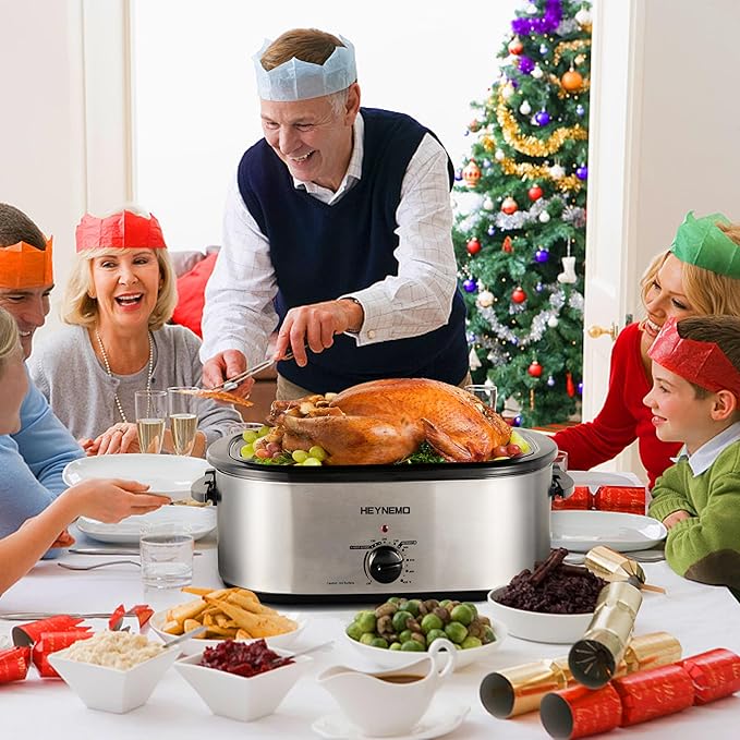 Electric Roaster Oven 26 Quart, Electric Turkey Roaster with Viewing & Self-basting Lid, Large Roaster Pan with Defrost & Warm Function, Stainless Steel Turkey Roaster Oven, Silver