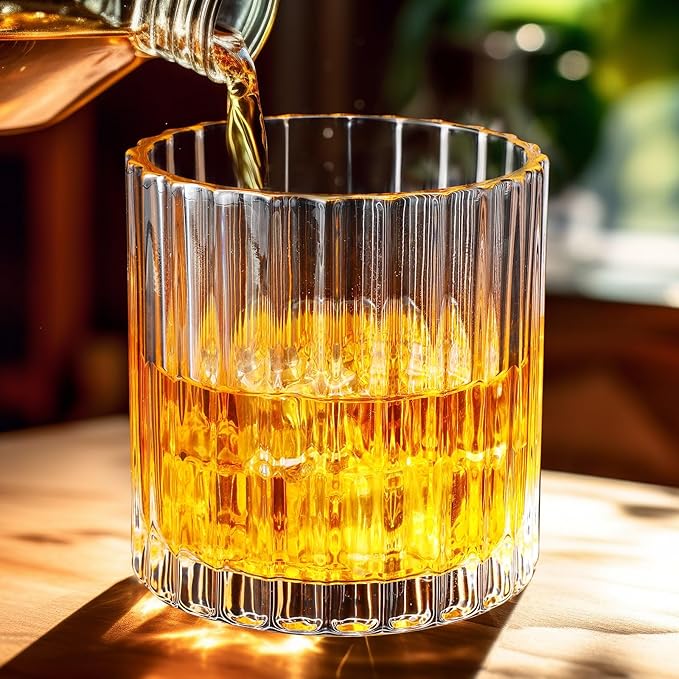 12 Pieces Old Fashioned Whiskey Glasses 10 oz Bourbon Cocktail Rocks Glasses for Whiskey Bourbon Liquor and Cocktail Drinks Gift for Men Home Bar(Vintage Ribbed)