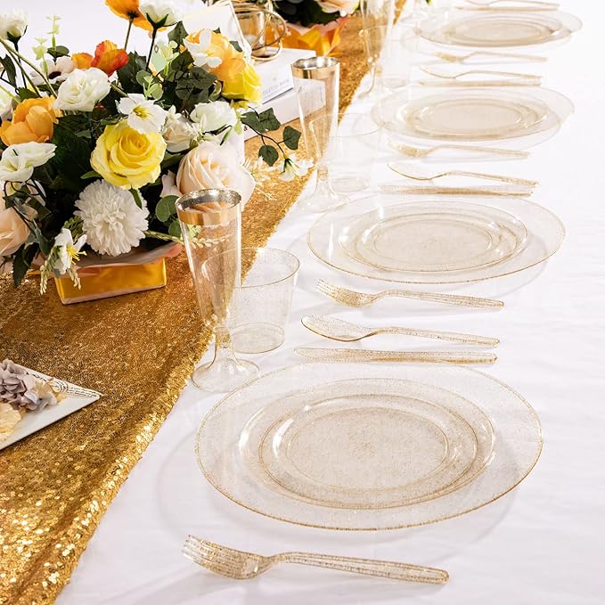 WDF 120PCS Gold Plastic Plates- Disposable Gold Glitter Plates, Premium Heavy Duty 60-10.25" Dinner Plate and 60-7.5" Salad Plate for Thanksgiving Parties &Wedding
