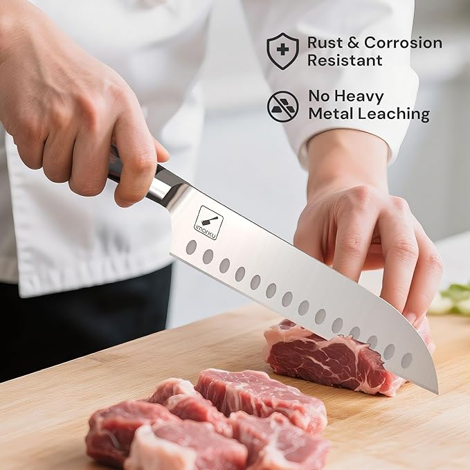 imarku Japanese Chef Knife, Ultra Sharp Santoku Knife 7 Inch, Professional Grade Powder Steel Forged Kitchen Knife, Pakka Wood Ergonomic handle, Gifts for Women and Men