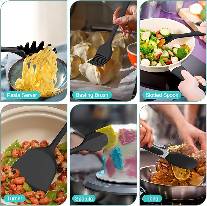 E-far Silicone Cooking Utensils Set, 25 Piece Kitchen Utensils with Holder, Non Toxic Kitchen Tools Spatula, Turner, Spoon, Ladle for Nonstick Cookware, Heat Resistant & Dishwasher Safe - Black