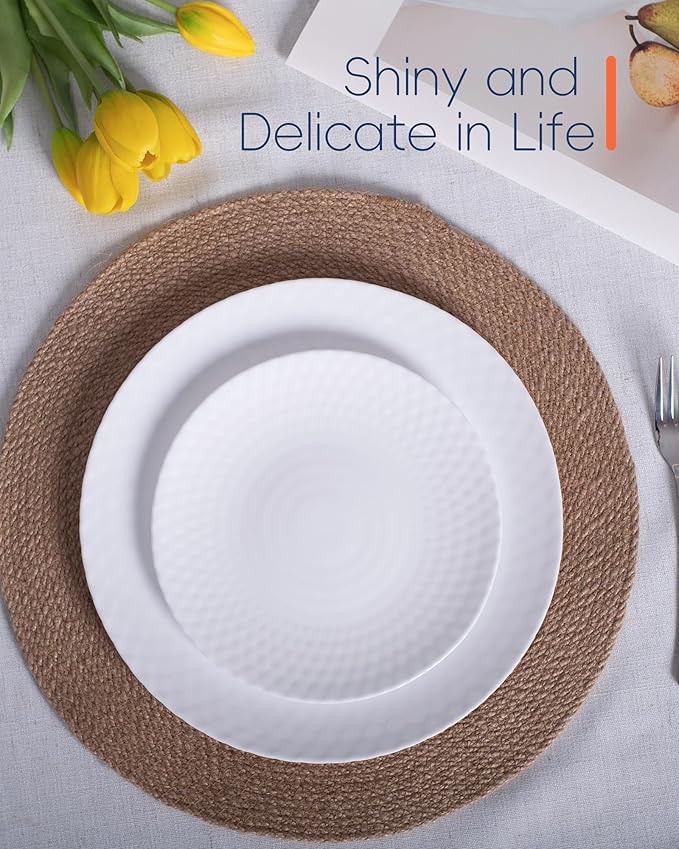 10.5 inch Dinner Plate Set of 6, Light and Durable Opal Glass Geometric Faceted White Dinnerware Plates, Dishwasher and Microwave Safe