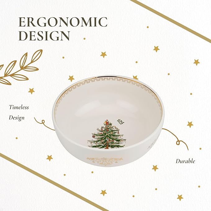 Spode Christmas Tree Gold Large Round Bowl - 10-Inch Stoneware Bowl for Serving Salad, Pasta, and Side Dishes - Elegant Holiday Serving Dish with 22K Gold Accents, Dishwasher Safe