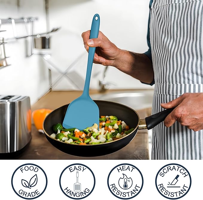 E-far Silicone Cooking Utensils Set, 25 Piece Kitchen Utensils with Holder, Non Toxic Kitchen Tools Spatula, Turner, Spoon, Ladle for Nonstick Cookware, Heat Resistant & Dishwasher Safe - Blue