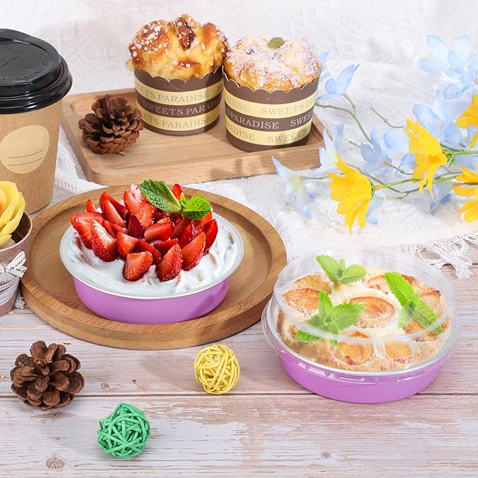 Beasea Disposable Mini Pans with Lids, 100 Pack 4” 8oz Light Pink Aluminum Baking Foil Tins Round Small Tart Container for Individual Cupcake Dessert Muffin Ramekin Cheesecake Quiche Oven Dishes