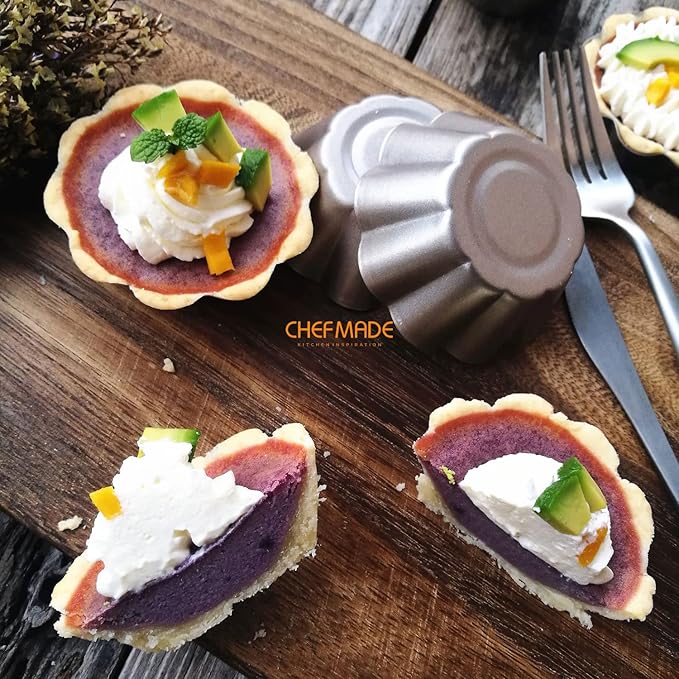 CHEFMADE Mini Pudding Pan Set, 3-Inch 4Pcs Non-Stick Egg Tart Mold Flower-shaped Pie Bread and Cake Pan Bakeware for Oven and Instant Pot Baking (Champagne Gold)