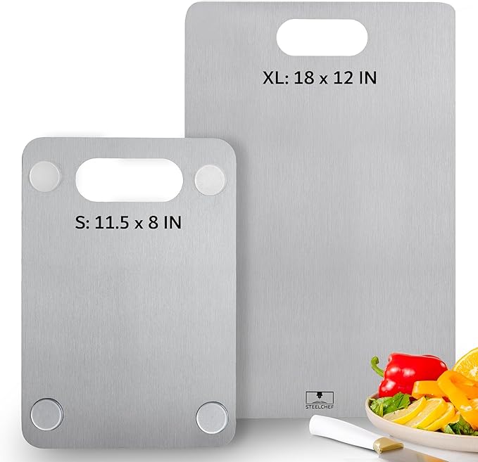 2-Pack Oversized Stainless Steel Cutting Boards – Anti-Slip Rubber Grip - Oversized Handles – Hypoallergenic - Includes XL 18.1"x11.8" & Compact 11.4"x7.8" Stainless Steel Boards