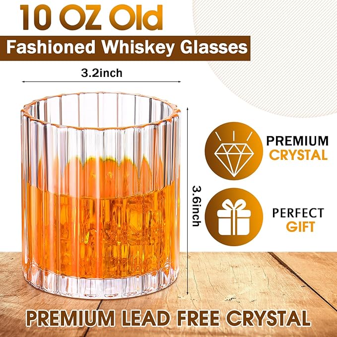 12 Pieces Old Fashioned Whiskey Glasses 10 oz Bourbon Cocktail Rocks Glasses for Whiskey Bourbon Liquor and Cocktail Drinks Gift for Men Home Bar(Vintage Ribbed)