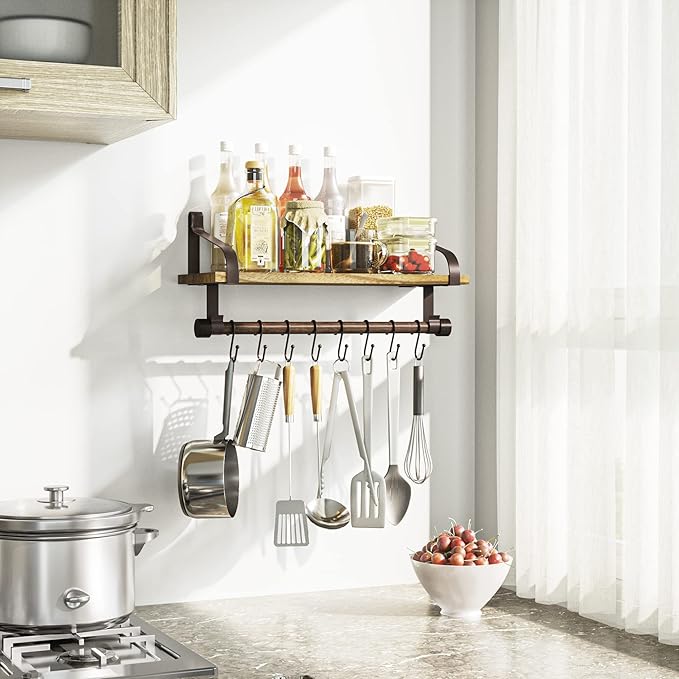 Love-KANKEI Floating Shelf Wall Shelf for Storage Rustic Wood Kitchen Spice Rack with Towel Bar and 8 Removable Hooks for Organize Cooking Utensils or Mugs Carbonized Black/Brown Brackets