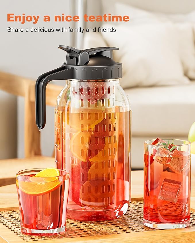 64oz Glass Pitcher with Fruit Infuser, 2 Quart Wide Mouth Mason Jar Pitcher with Airtight Flip Top Lid, Leakproof Fridge Door Water Jug for Iced Sun Tea, Juice Making - Black