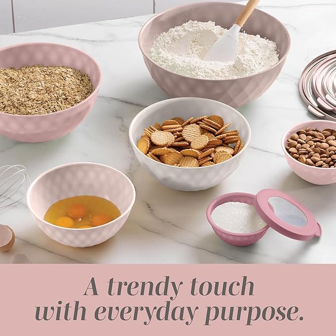 COOK WITH COLOR Mixing Bowls with Lids - 12 Piece Plastic Nesting Bowls Set includes 6 Prep Bowls and 6 Lids, Diamond Design - Microwave Safe (Mint)