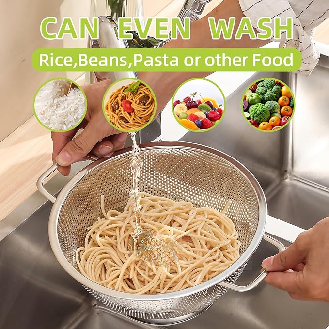 3Qt Metal Colander with Handle, Stainless Steel Strainer for Kitchen, Mesh Strainer for Washing Pasta, Spaghetti, Berry, Fruit, Vegetable, Rice Washer, Fast Draining, Dishwasher Safe
