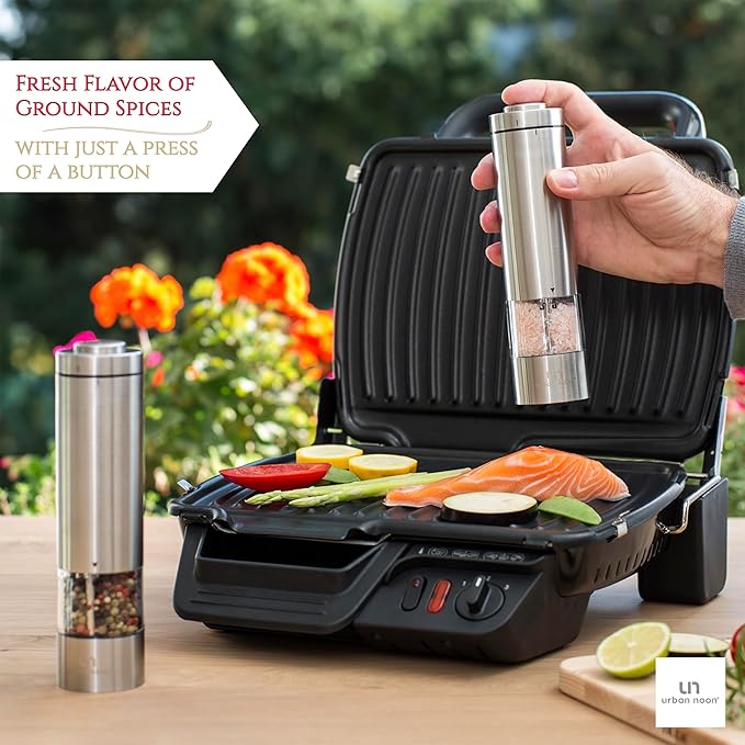 Electric Salt and Pepper Grinder - Battery Operated Stainless Steel Pepper Mill with Light (Black) - Automatic One Handed Operation - Electronic Adjustable Shaker - Ceramic Grinder