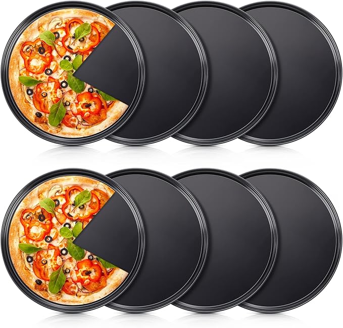 Meanplan 8 Pcs Non Stick Bakeware Pizza Pan Round Pan for Oven Carbon Steel Oven Tray Pie Baking for Home Restaurant Kitchen Baking Supplies, Black(10 Inch)