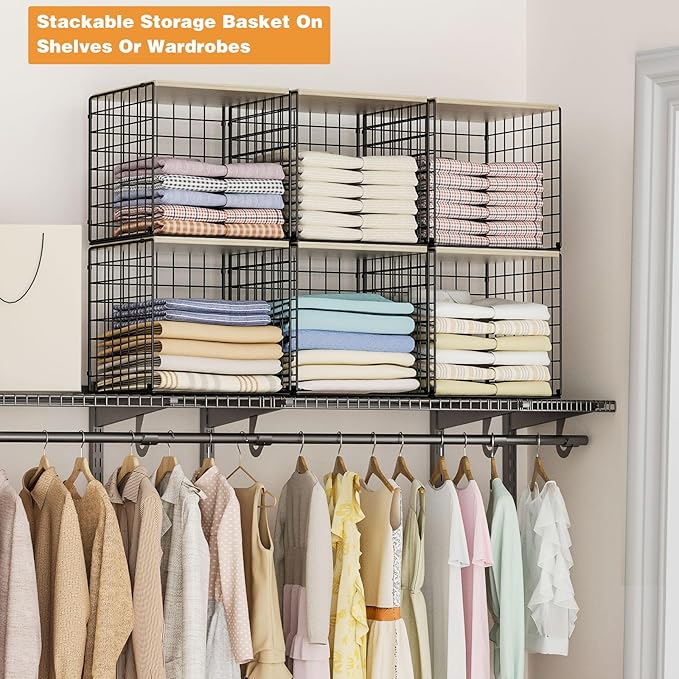 4-Tier Stackable Closet Organizers and Storage Basket, Shelves with Wood Top, Foldable Clothes Storage Bin/Cube Drawer Organizer for Wardrobe, Space-Saving, Closet Organization,Black(Patent Pending) 
