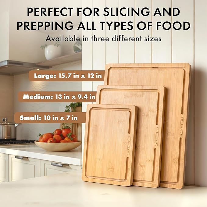 Bamboo Wooden Cutting Boards for Kitchen, Cutting Board Set of 3, Chopping Boards with Juice Groove for Meat, Cheese & Vegetables - Durable, Double sided wood cutting board with serving Compartments