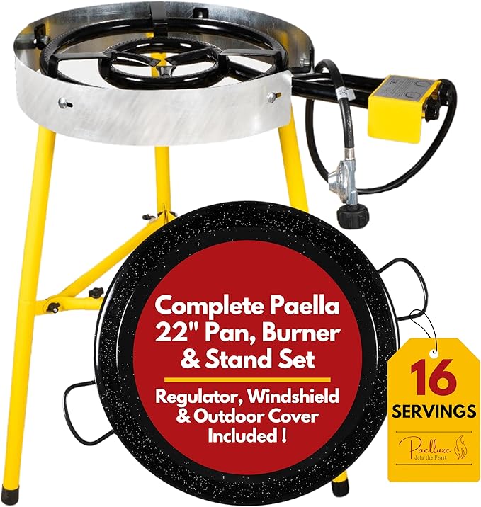 Paella Burner and Stand Set 16 Servings, 22 Inch Paella Pan, Dual Propane Outdoor Stove with Stand & Regulator, Portable Gas Cooker for Camping Crawfish Boil Cooking Outdoor, Paellera Propano