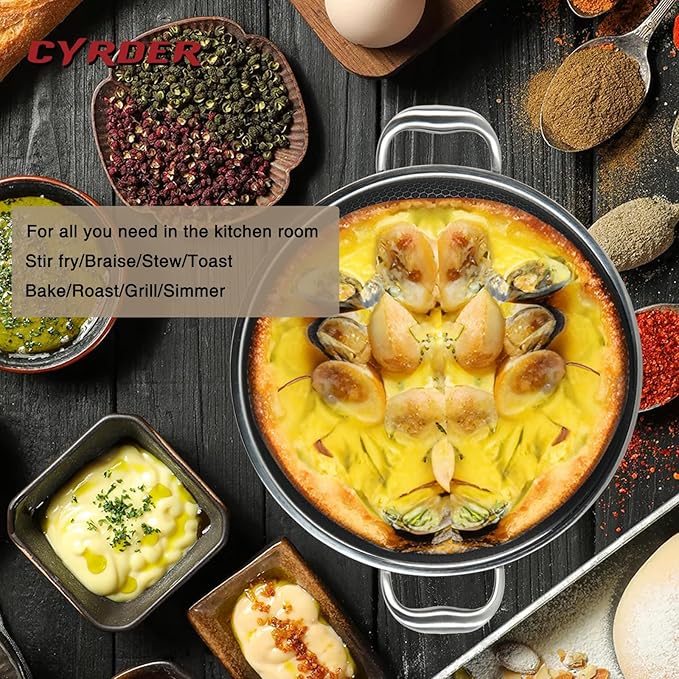 316L Stainless Steel Frying Pan-12inch Hybrid Nonstick Induction Pan with Lid, Two Handle Hold, PFOA Free, Dishwasher Oven Safe, Paella Pan for Stir fry/Toast/Roast/Bake/Stew, 6 Quart