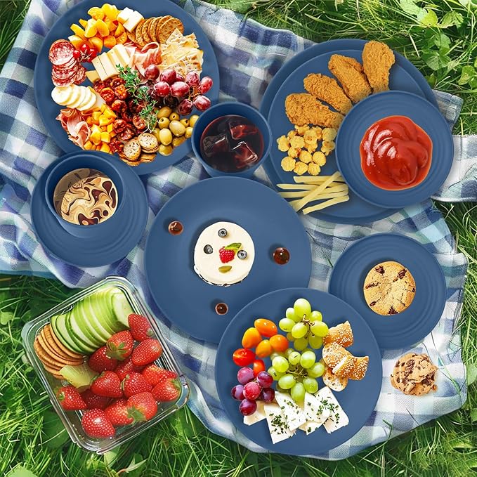 40Pack plates and bowls sets for kids - Unbreakable wheat straw dinnerware sets service for 8 - Alternative plastic 40pcs dishes for kitchen, camping and indoors dinning - (Blue)