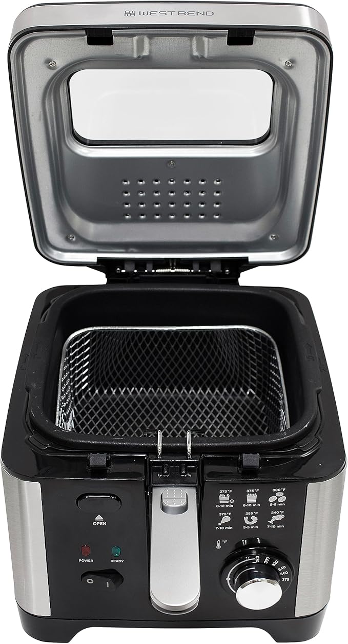 West Bend Deep Fryer with Adjustable Temperature Control Nonstick Basket Easy-View Window and Temperature Guide, Folding Handle and Locking Cover for Easy Storage, 3-Liter, Silver