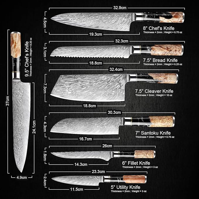 SENKEN 7-Piece Damascus Kitchen Knife Set - Tsunami Collection - 67-Layer Japanese VG10 Steel - Chef's Knife, Cleaver, Santoku, Bread, Boning, & More (Black Resin Blend)