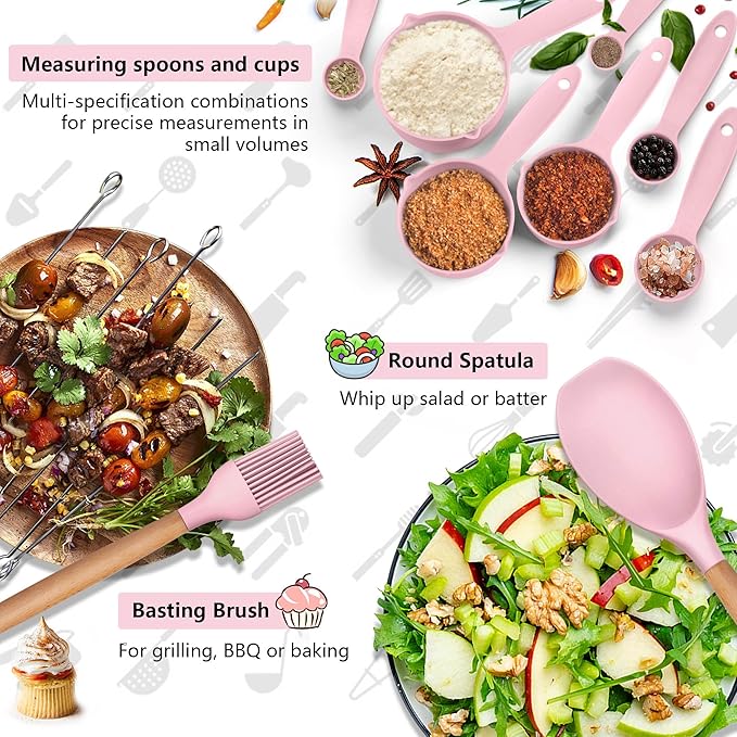 HaWare Kitchen Cooking Utensils Set, 23-Piece Silicone Kitchen Utensils Spatula Set with Holder, Heat Resistant Wooden Handle Kitchen Gadget for Nonstick Cookware, Food-grade Turner Spoon Sets (Pink)