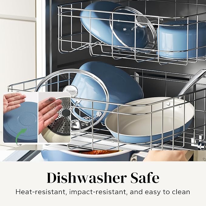 Redchef Ceramic Nonstick Cookware Set,14pcs Pots and Pans Set Non Stick,Induction Cookware with Stainless Steel Handle,Non Toxic Kitchen Cooking Set,Dishwasher & Oven Safe,PFAS PFOA & PTFE Free(Blue)