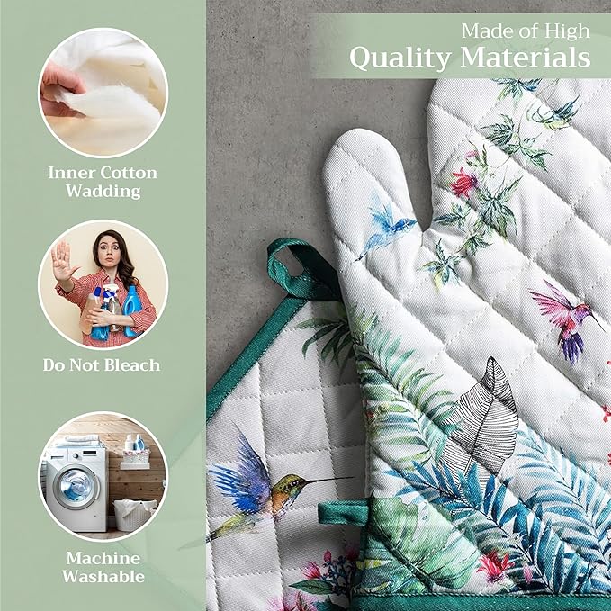 Maison d' Hermine 100% Cotton Oven Mitt & Pot Holder Set (7.5"x13" & 8"x8") Heat Resistant BBQ Cooking Gloves with Loop, Baking, Grilling, Kitchen, Handling Hot Pans Spring/Summer (Tropiques)