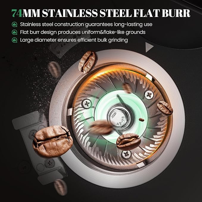 Huanyu Professional Coffee Grinder with 74mm Flat Burr 53ounce Bean Hopper 15 Infinite Grinding Settings Electric Coffee Grinder with Touching Screen Black