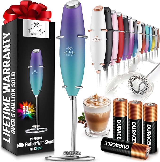 Zulay Kitchen Powerful Milk Frother Wand With 4 AA Duracell Batteries - Ultra Fast Handheld Drink Mixer - Electric Whisk Foam Maker for Coffee, Lattes, Cappuccino, Matcha & Creamer -