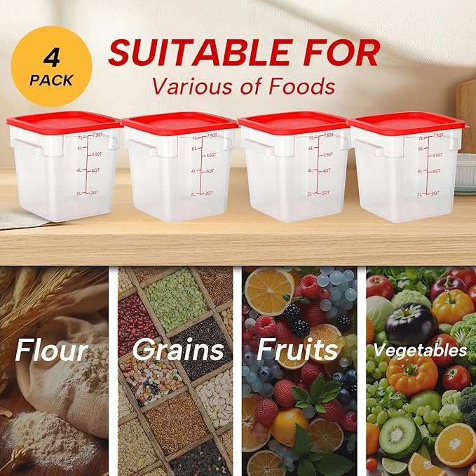 4 Pack 8 Quart Food Storage Containers with Lids, Polycarbonate Square Commercial Food Containers, NSF, Clear, New Version