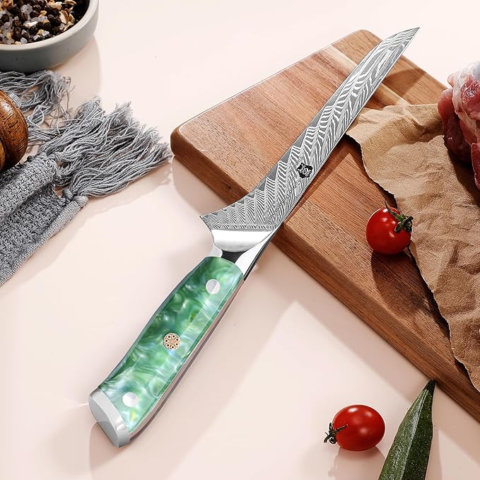WILDMOK 7 inch Damascus Fillet Knife, Japanese Damascus Steel Boning, Carving, Deboning, Full Tang Resin Handle, Gift Box