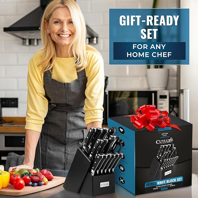 Cutluxe 15-Piece Knife Set – Premium Black Wood Block – Knife Set for Kitchen, Ultra Sharp High Carbon German Stainless Steel, Full Tang – Artisan Series