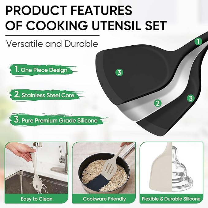 Herogo Silicone Cooking Utensils Set, 7-Piece Kitchen Utensils Set, Heat Resistant Cooking Gadget Tools Slotted Turner, Spoon, Soup Ladle, Pasta Server, Spatula, Tongs for Nonstick Cookware, Black