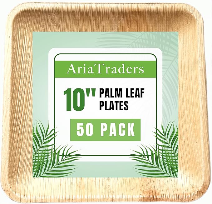 Palm Leaf Plates 10 Inch (50-Pack), Square Bamboo Plates Disposable, Heavy Duty Compostable & Biodegradable Wooden Plates for Party, Catering Events, Weddings, & Dinnerware
