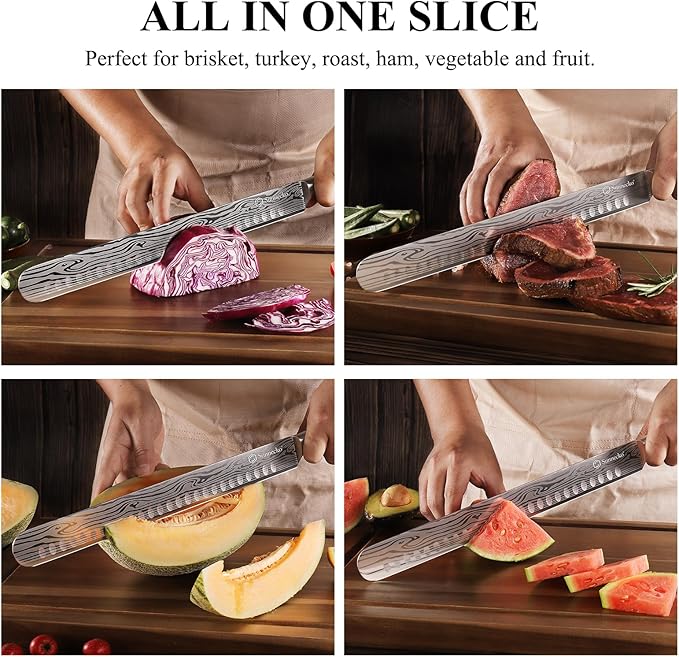 Sunnecko 12 Inch Carving Knife,Ultra Sharp High Carbon German Stainless Steel Brisket Slicing Knife for BBQ, Roasts, Turkey