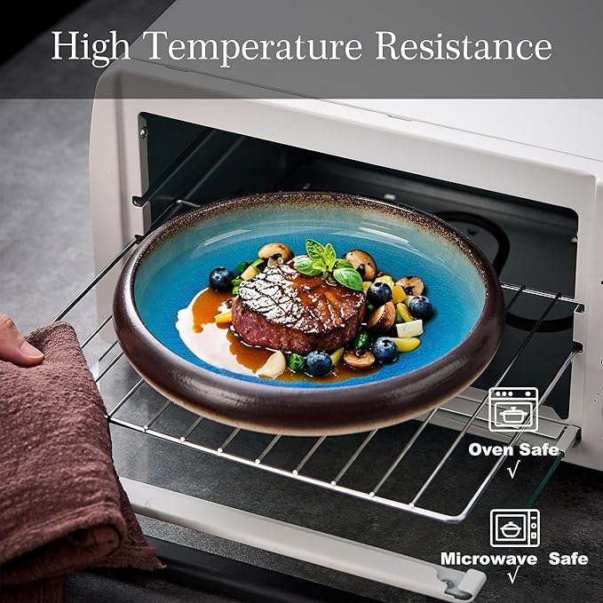 Ceramic Dinner Plates Set of 4, 8 Inch Large Porcelain Pasta and Salad Plates, Stoneware Plate Set for 4, Handmade Round Dishes for Home Decor, Microwave,Oven,and Dishwasher Safe, Blue