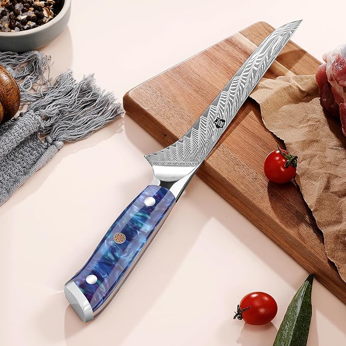 WILDMOK Damascus Boning Knife, 7 inch Super Sharp Fillet Knife, Japanese Damascus Steel, Full Tang Resin Handle, Includes Gift Box