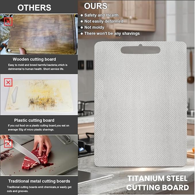100% Pure Titanium Cutting Boards for Kitchen,2-in-1 Smooth Side & Textured Side For Cutting Meats, Double-sided Titanium Cutting Board Fruits And Vegetables, for Kitchen Outdoor Holiday Gifts(14*10)