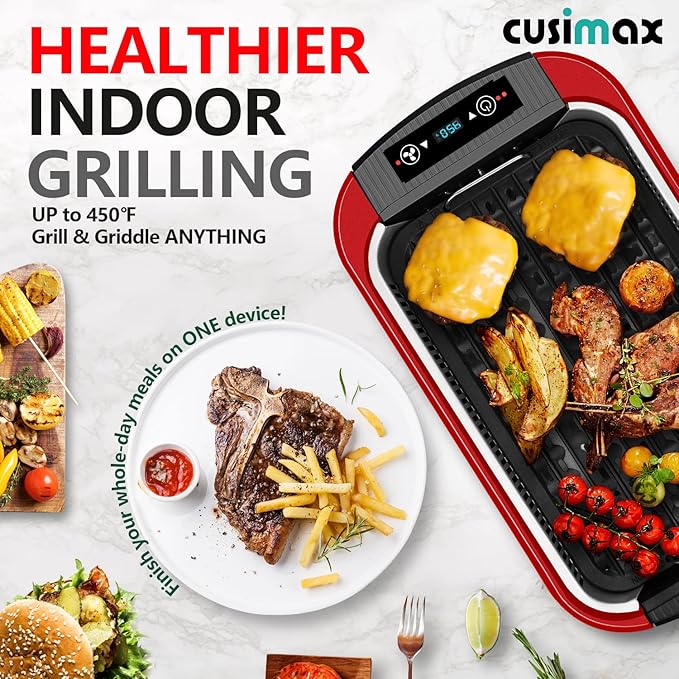 CUSIMAX Smokeless Indoor Grill, Electric Grill Griddle, 1500W Korean BBQ Grill with LED Smart Display & Tempered Glass Lid, Non-stick Removable Plate & Griddle Plate, Red