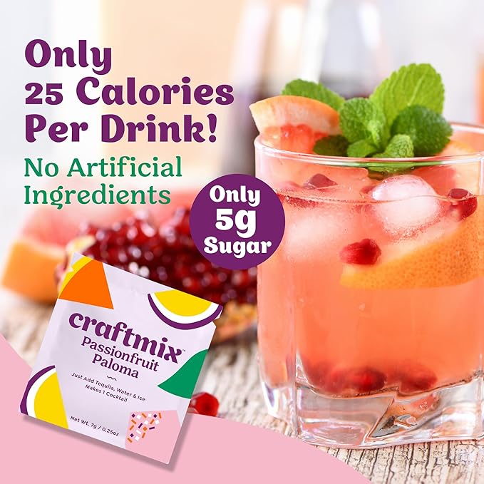 Craftmix Passionfruit Paloma, Makes 12 Drinks, Tequila Cocktail Mixers, Instant Skinny Cocktail and Mocktail Mix - With Real Fruit - Vegan Low Carb, Low Sugar, Non-GMO, Gluten Free, Easy to Mix