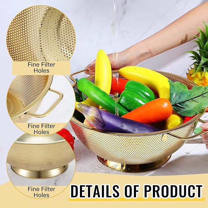 Norme 5 Quart Stainless Steel Gold Colander and 3 Pcs Gold Fine Mesh Strainer, Stainless Steel Pasta Rice Food Metal Strainer with Handles, Easy Clean and Dishwasher Safe
