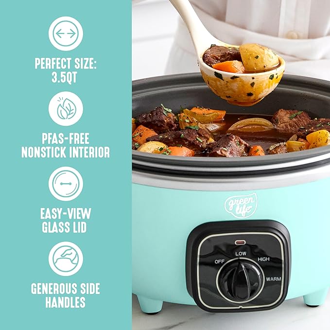 GreenLife 3.5QT Slow Cooker, Non-Toxic PFAS-Free Ceramic Nonstick Removable Interior Bowl, Programmable, Keep Warm, Stovetop & Oven Safe, Dishwasher Safe Parts, Glass Lid, Turquoise