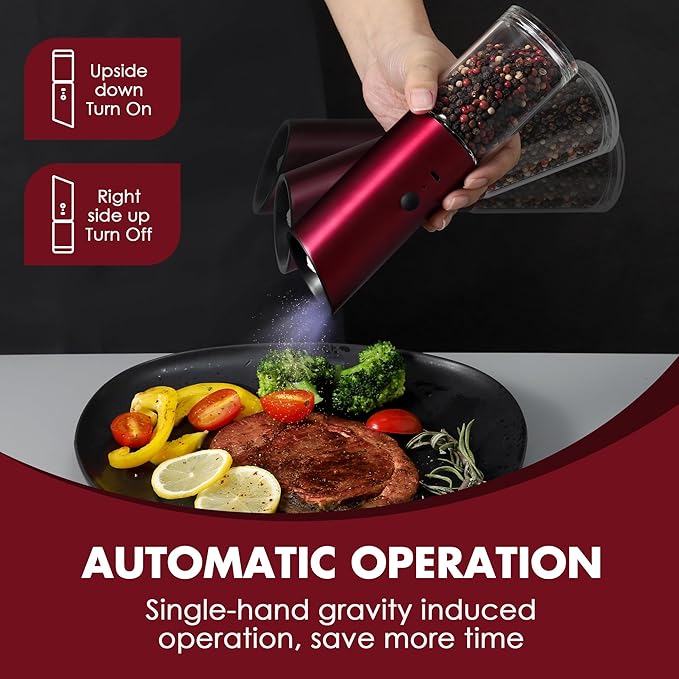 Vzaahu Gravity Electric Pepper and Salt Grinder Set of 2 - Rechargeable, Refillable, Adjustable Coarseness, Stainless Steel Seasalt Peppermill with LED light - One Hand Operation (Red)
