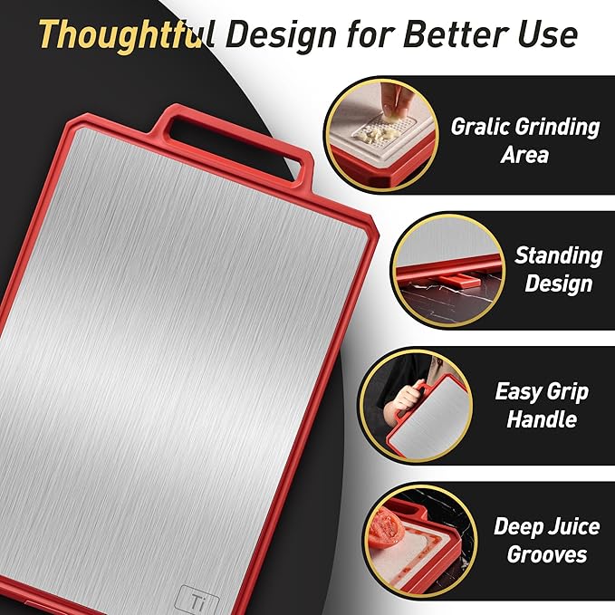 Titanium Cutting Boards for Kitchen Chopping Board with Handle Large Big Small Kitchen Meat Butcher Block 2 in 1 Pure Titanium and Wheat Straw PP Not Wood Bamboo Plastic Silicone Teak Red/Beige