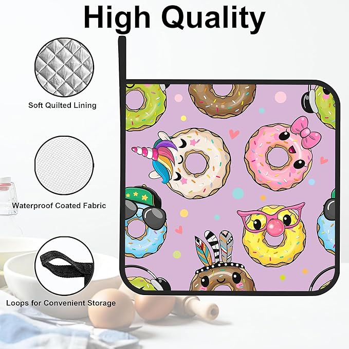 Cute Cartoon Donut Pot Holders Set of 2 - Heat Resistant Oven Hot Pads for Cooking, Baking, BBQ Gifts for Women
