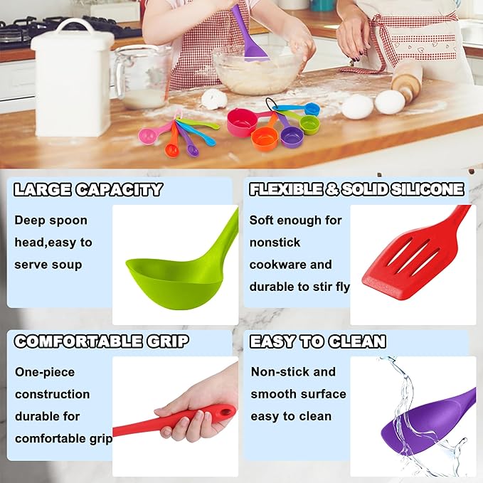 E-far Silicone Cooking Utensils Set, 24Pcs Heat Resistant Kitchen Utensil with Holder, Silicone Kitchen Tools with Spatula Turner Spoon Tongs Whisk, Non-Toxic & Dishwasher Safe (Colorful)