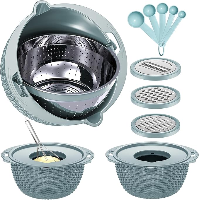 4-1 Strainer Bowl with Lid Set - Strainers and Colanders - Colanders for kitchen - Food Strainer with Graters & Spoons - Fruit Washing Bowl with Colander Pasta Rice Strainer for Veggie Wash - Blue
