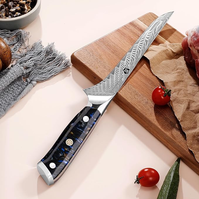 WILDMOK Boning Knife - 7 Inch Damascus Japanese Trimming Knife, Professional Grade, Resin Full Tang Handle
