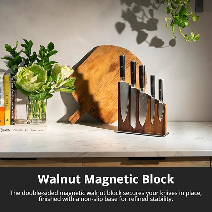 Yatoshi Magnetic Kitchen Knife Block Set 6 Pcs - Japanese 67 Layer High-Grade VG-10 Damascus Steel Knives, Sharp, G10 Handle Professional Kitchen Knife Set